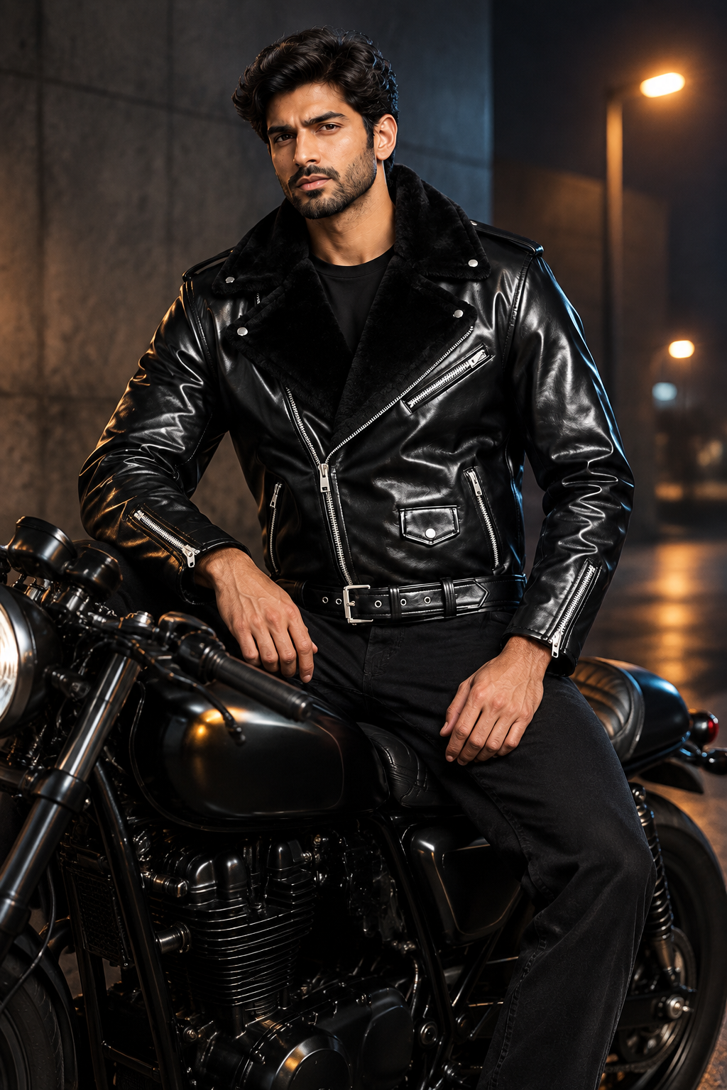 Biker jacket model seated on motorcycle