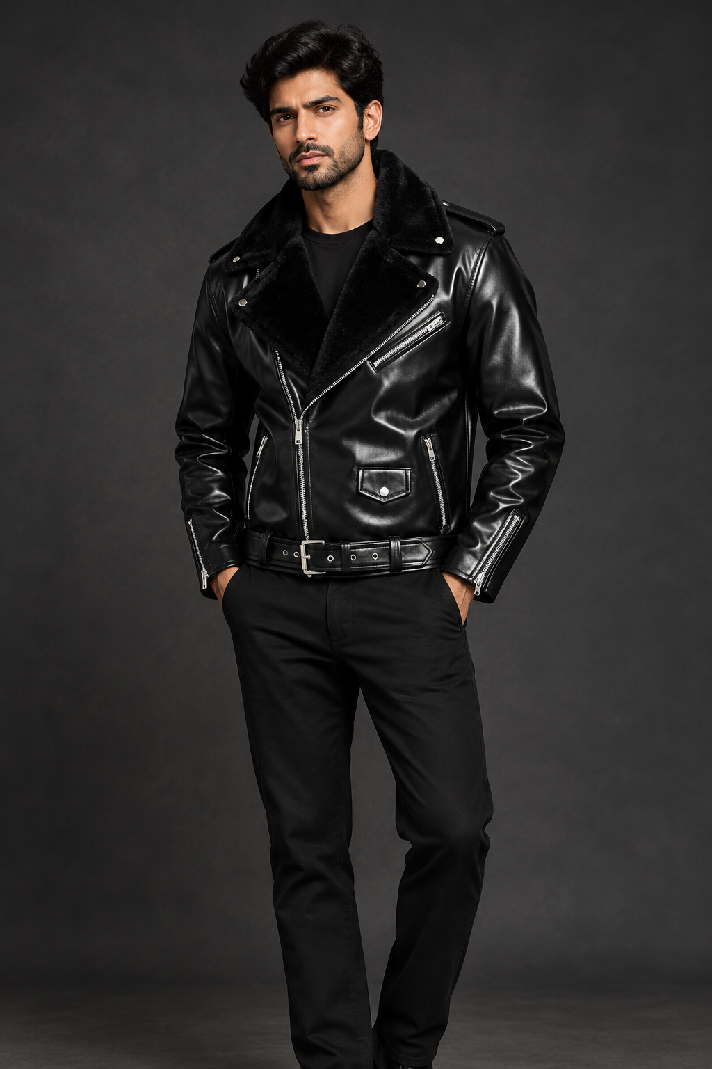 Black fur collar leather-look jacket on male model