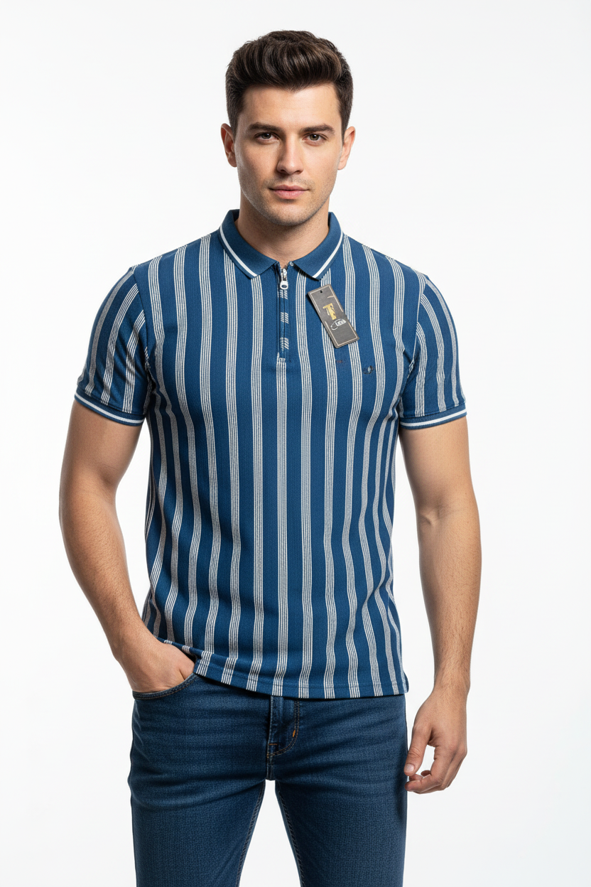 White & Grey Striped Polo