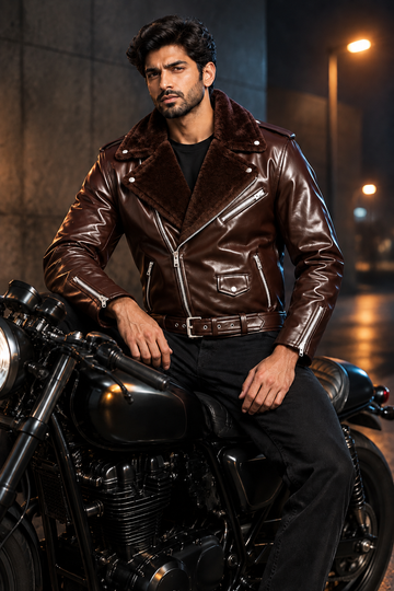 Brown biker jacket on model seated on motorcycle