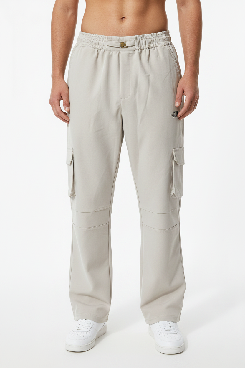 Cream Cargo Pants with Buckle on Model