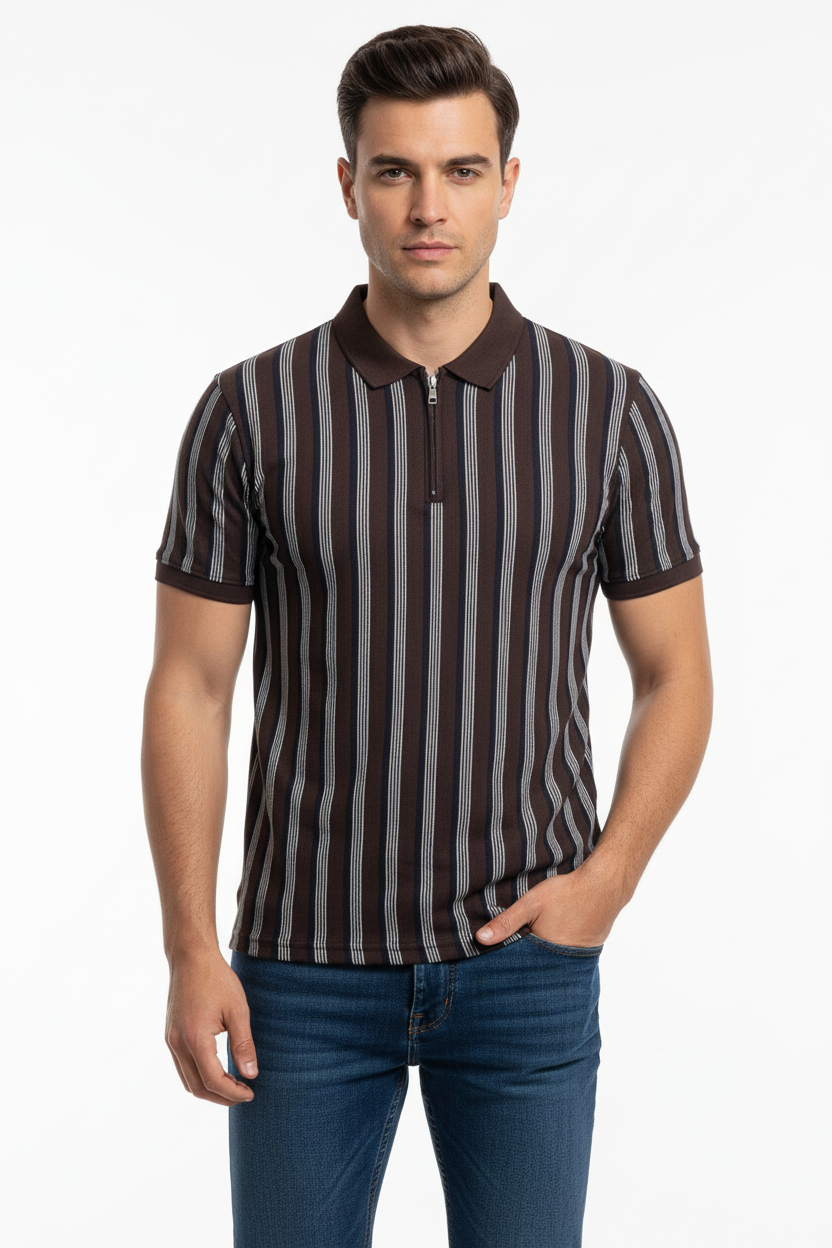 Dark Brown & White Striped Polo