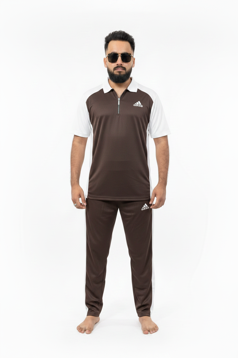 Dark Brown White Tracksuit Front