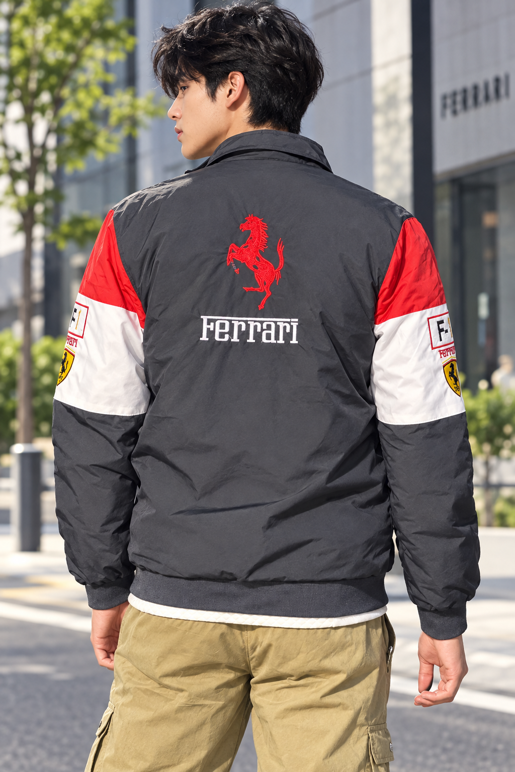 Ferrari jacket back view on Korean model - streetwear style