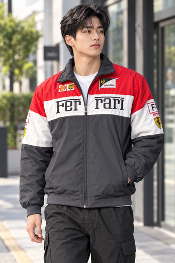 Ferrari jacket on Korean model - streetwear style