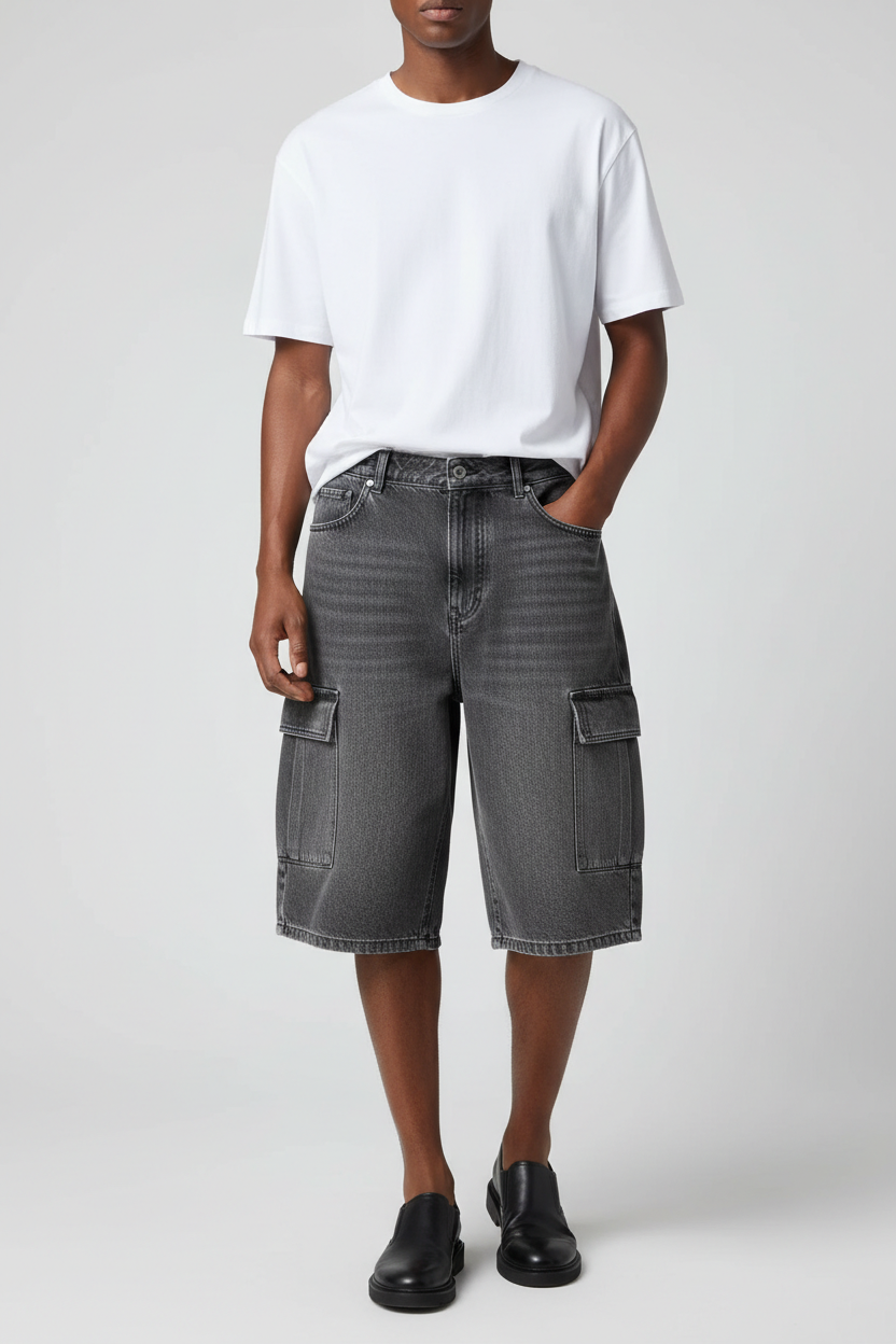Gray 6 Pocket Baggy Denim Shorts