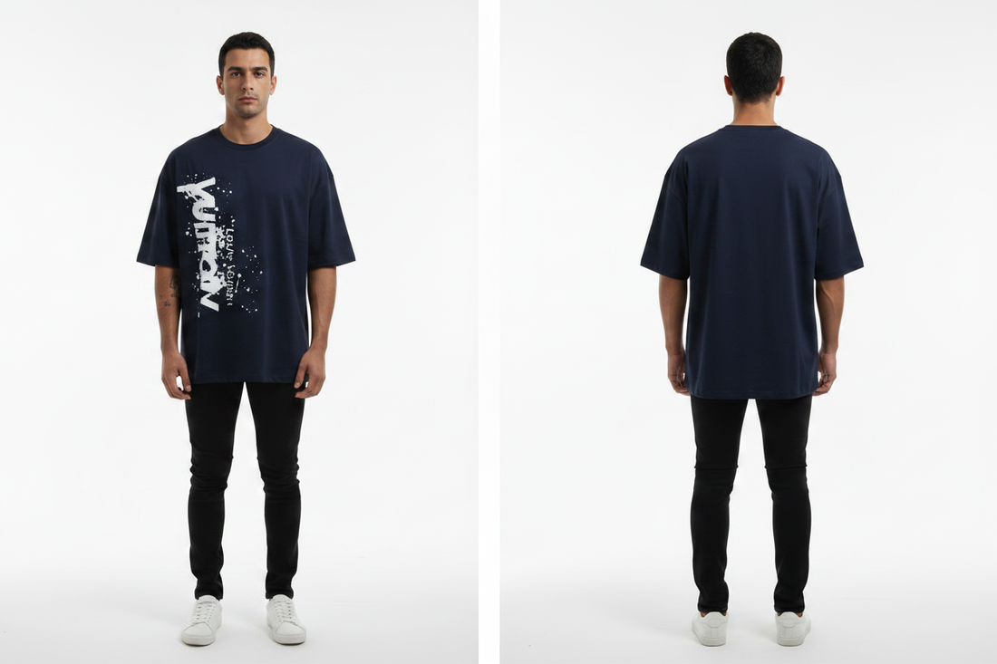 Navy Blue Graphic Print Oversized T-Shirt – Front & Back