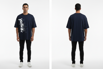 Navy Blue Graphic Print Oversized T-Shirt – Front & Back