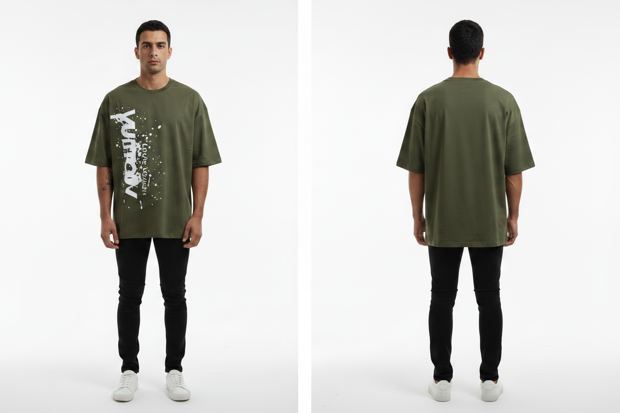 Olive Green Graphic Print Oversized T-Shirt – Front & Back