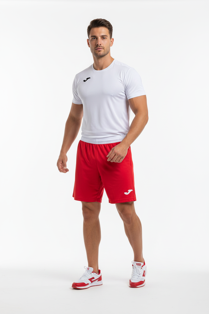 Red Joma Shorts on Model