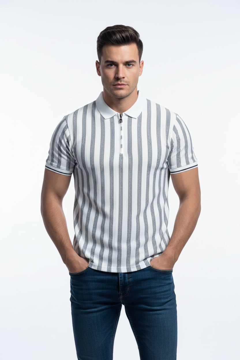 White & Grey Striped Polo
